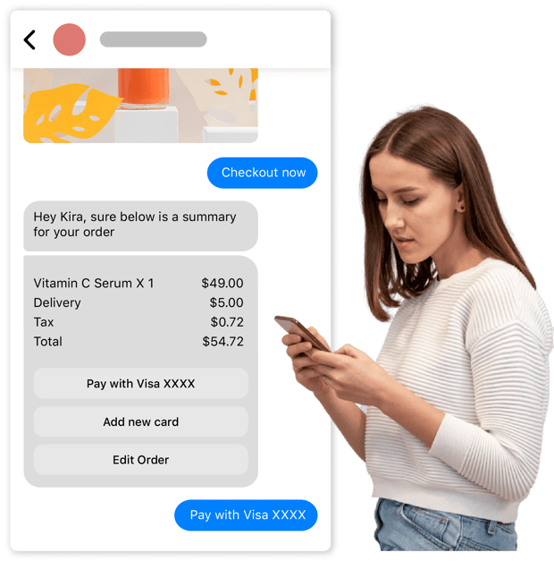 Check out via chat Image of customer checking out with makeup purchase over chat