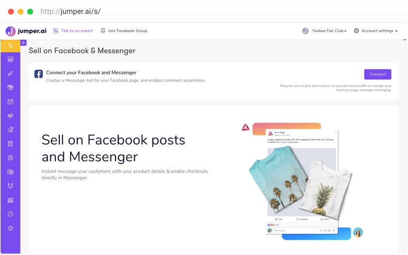 Screenshot of Jumper dashboard with Facebook messenger connection details