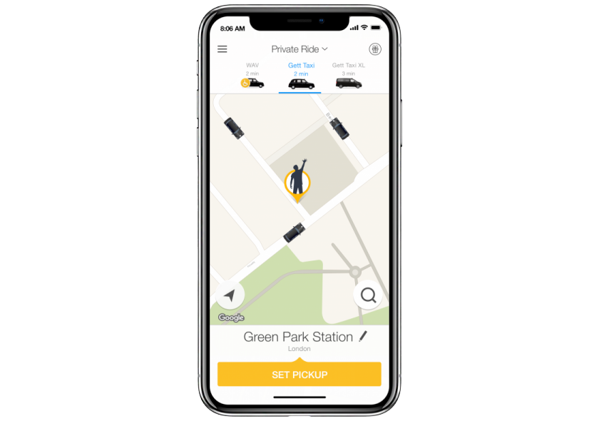Captura de pantalla de la aplicación Gett abierta en iPhoneX