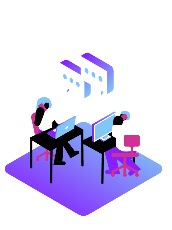 Phone Call Meetings Illustration of people at desks using computers and smartphones beneath ellpises thought bubbles