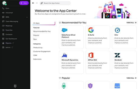 App Center Screen grab of Unified Communications App Center showing possible integrations and connections.